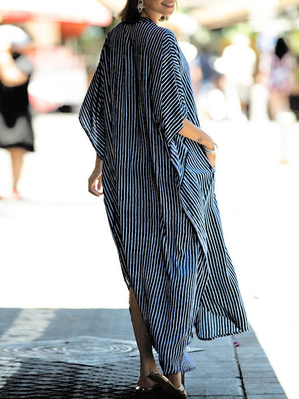 Batwing Sleeves Half Sleeves Buttoned Pockets Striped Round-Neck Beach Cover-Up Maxi Dresses