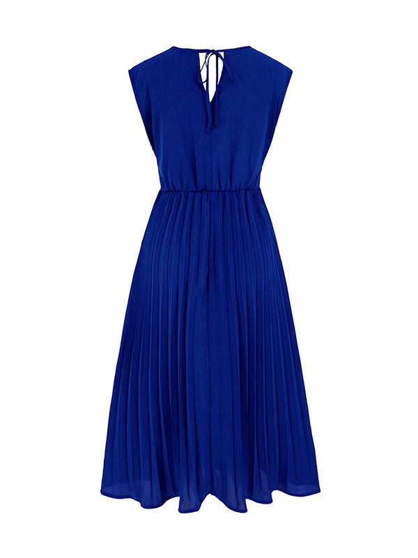 Sleeveless Pleated Solid Color Tied Waist V-Neck Midi Dresses