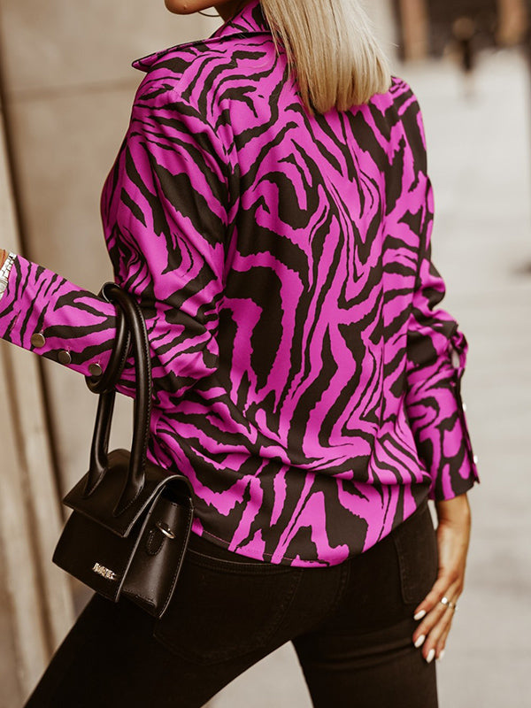 Long Sleeves Loose Printed Zebra-Stripe Lapel Blouses