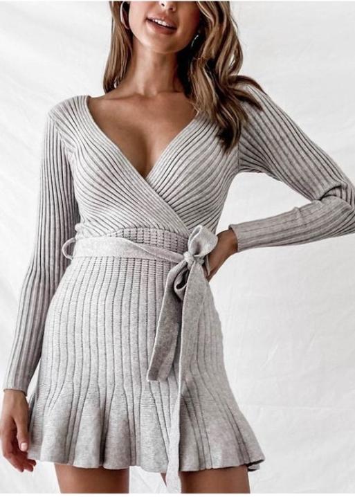 Chic V-Neck Ribbed Knit Wrap Dress - Long Sleeve with Flare Hem