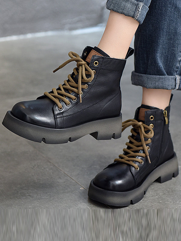 Cow Leather Lace-Up Zipper Martin Booties