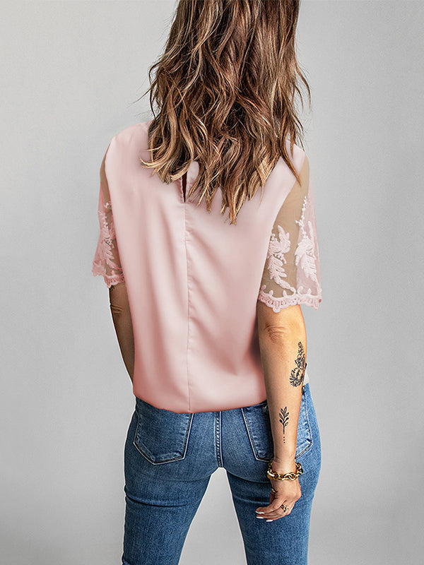 Original Loose Solid Color Lace Split-Joint T-Shirt Top