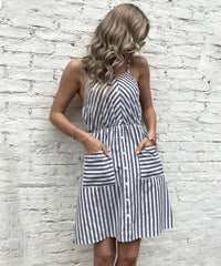 MADELYN LINEN DRESS - GRAY STRIPE