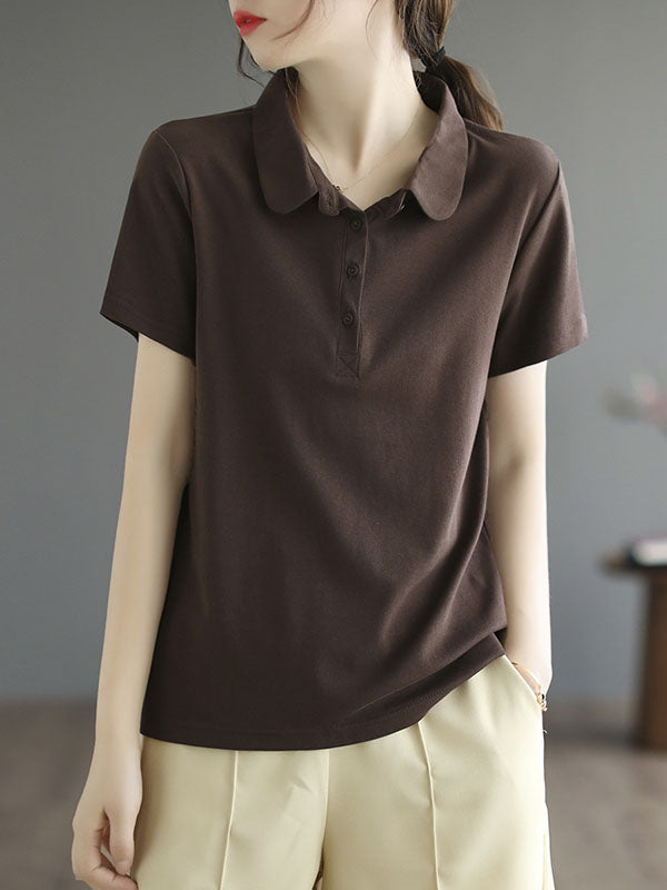 Short Sleeves Buttoned Solid Color Polo T-Shirts Tops