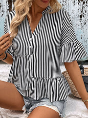 Loose Raglan Sleeve Asymmetric Falbala Pleated Split-Joint Striped Tiered V-Neck Blouses&Shirts Tops