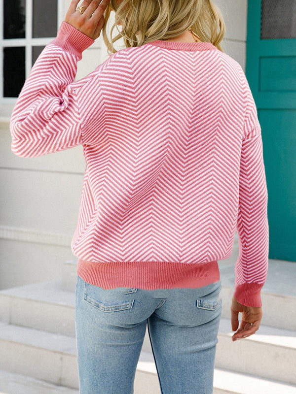 Long Sleeves Loose Striped Round-Neck Knitwear Pullovers Sweater Tops