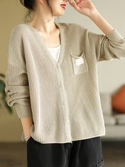 6 Colors Urban Split-Joint Solid Color V-Neck Cardigan Top