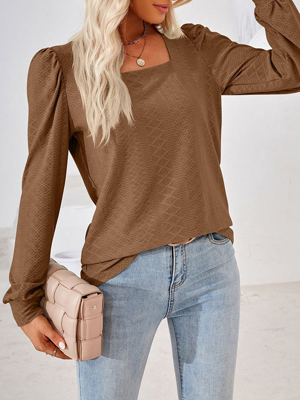 Loose Jacquard Solid Color Square-neck T-Shirts Tops