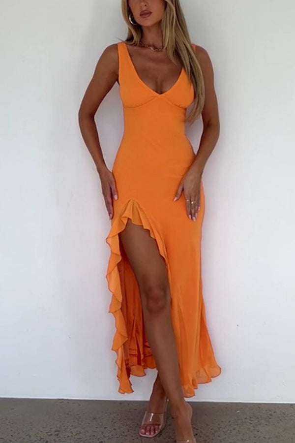 V Neck Slim Fit Ruffled High Slit Maxi Tank Dresses