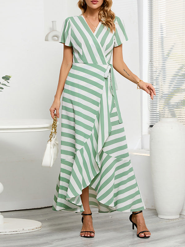 High-Low Loose Split-Joint Striped Tied V-Neck Maxi Dresses