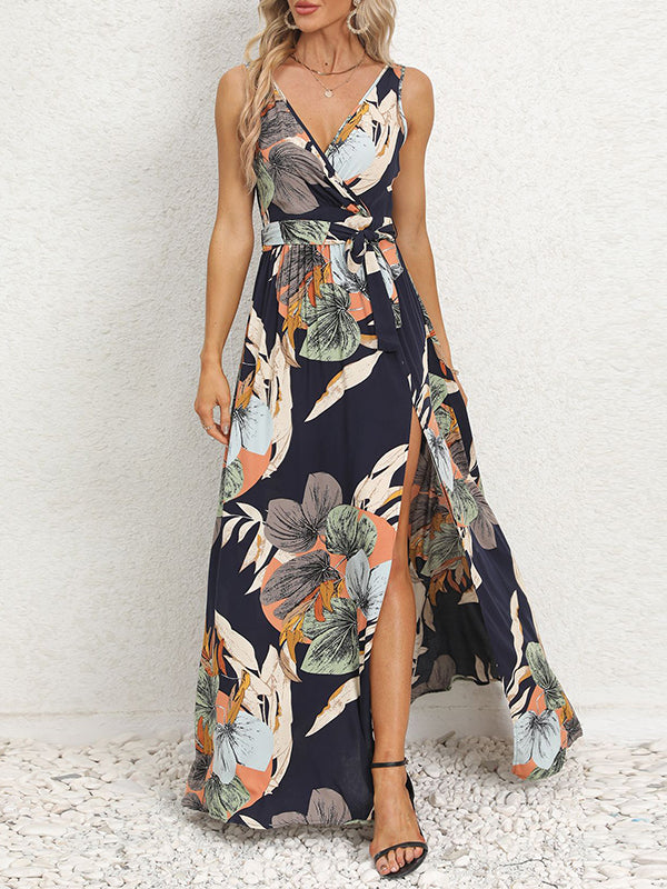 A-Line Loose Flower Print Pleated Split-Front Tied Waist V-Neck Maxi Dresses