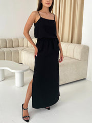 Belt-Tied Square-Neck Sling Slit Midi Dress