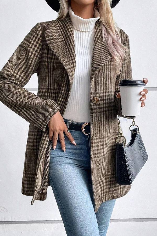 Style Collection Plaid Collared Neck Long Sleeve Jacket