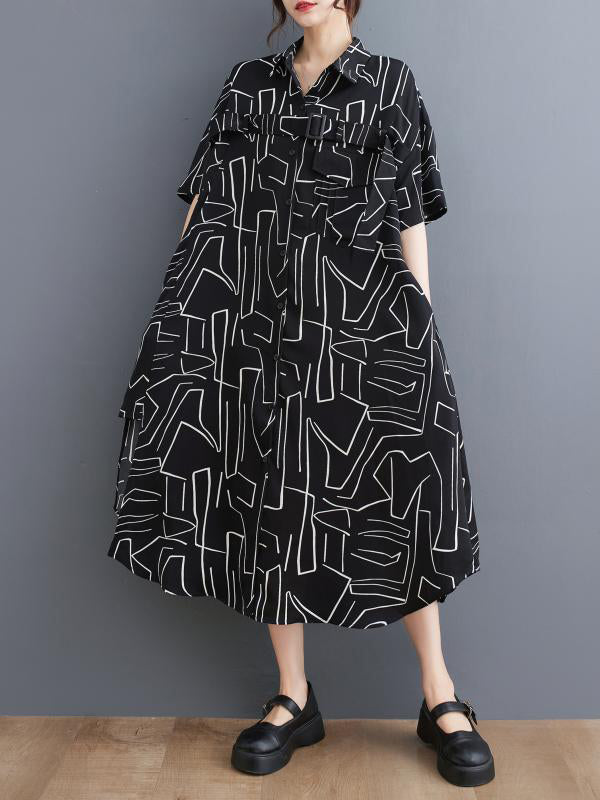 Loose Abstract Printed Lapel Midi Dresses