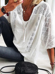 Simple Casual Hollow Lace Split-Joint U-Neck T-Shirt Top