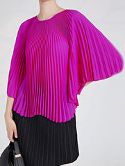 Batwing Sleeves Loose Pleated Solid Color Round-Neck T-Shirts Tops