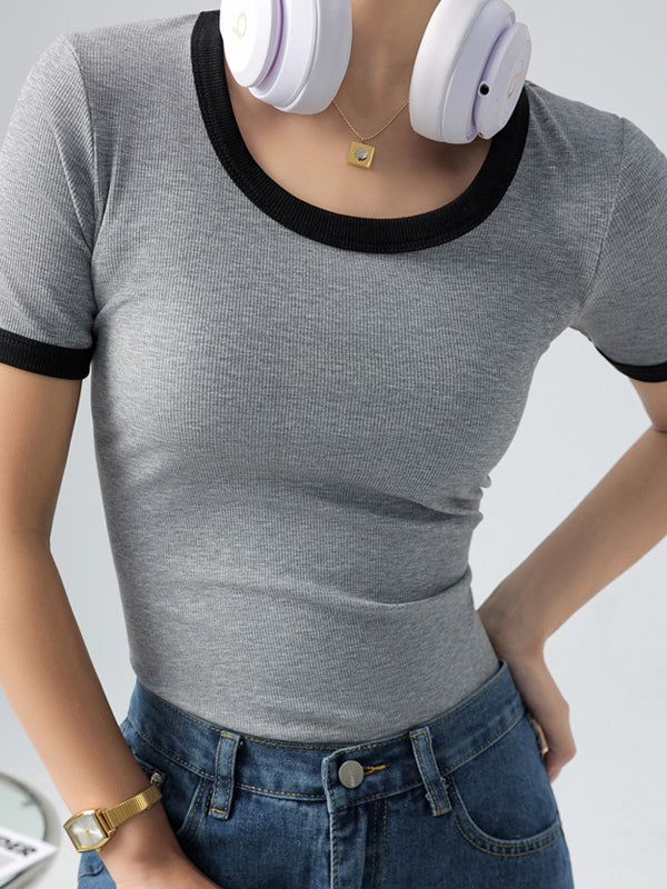 Short Sleeves Skinny Contrast Color Round-Neck T-Shirts