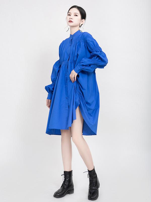 Blue Loose Pleated Cropped Blouse Dress