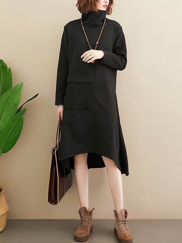 Original Solid High-Neck Irregularity Dress