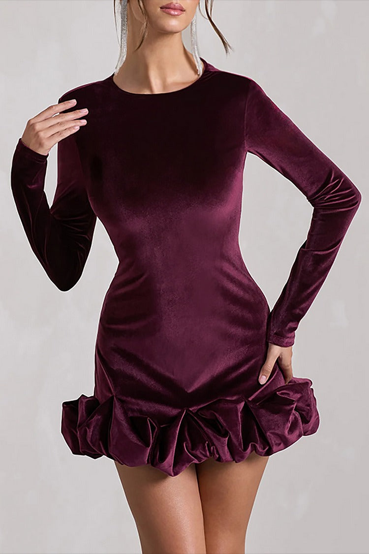 Velvet Round Neck Long Sleeve Ruched Puffy Hem Mini Dresses-Purple