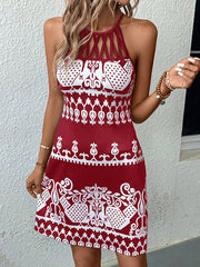 Loose Sleeveless Hollow Printed Split-Joint Halter-Neck Mini Dresses