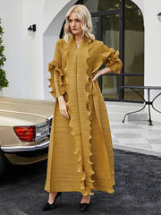 Original Loose Long Sleeves Tied Pleated Falbala Solid Color V-Neck Maxi Dresses