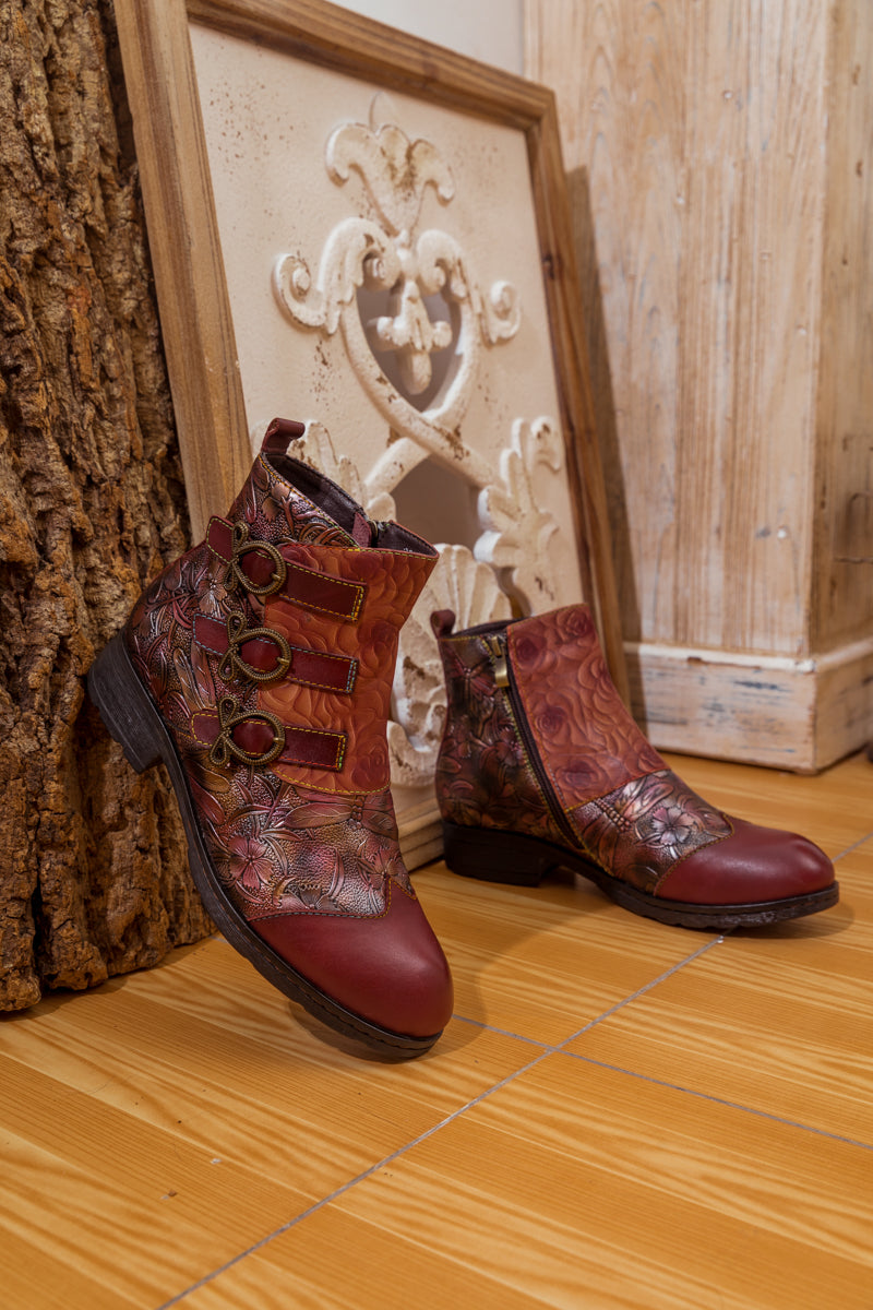 SOFFIA | ROSE GARDEN EMBOSSED LEATHER STRAP BOOT - CLARET