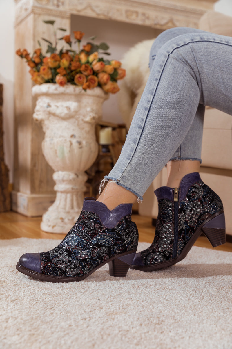 SOFFIA | NAVY GALAXY FLORAL EMBOSSED LEATHER BOOT