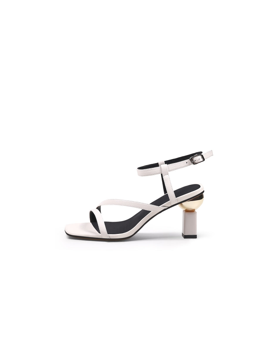 JadyRose | Block Heel Leather Ivory Ankle Strap Sandal