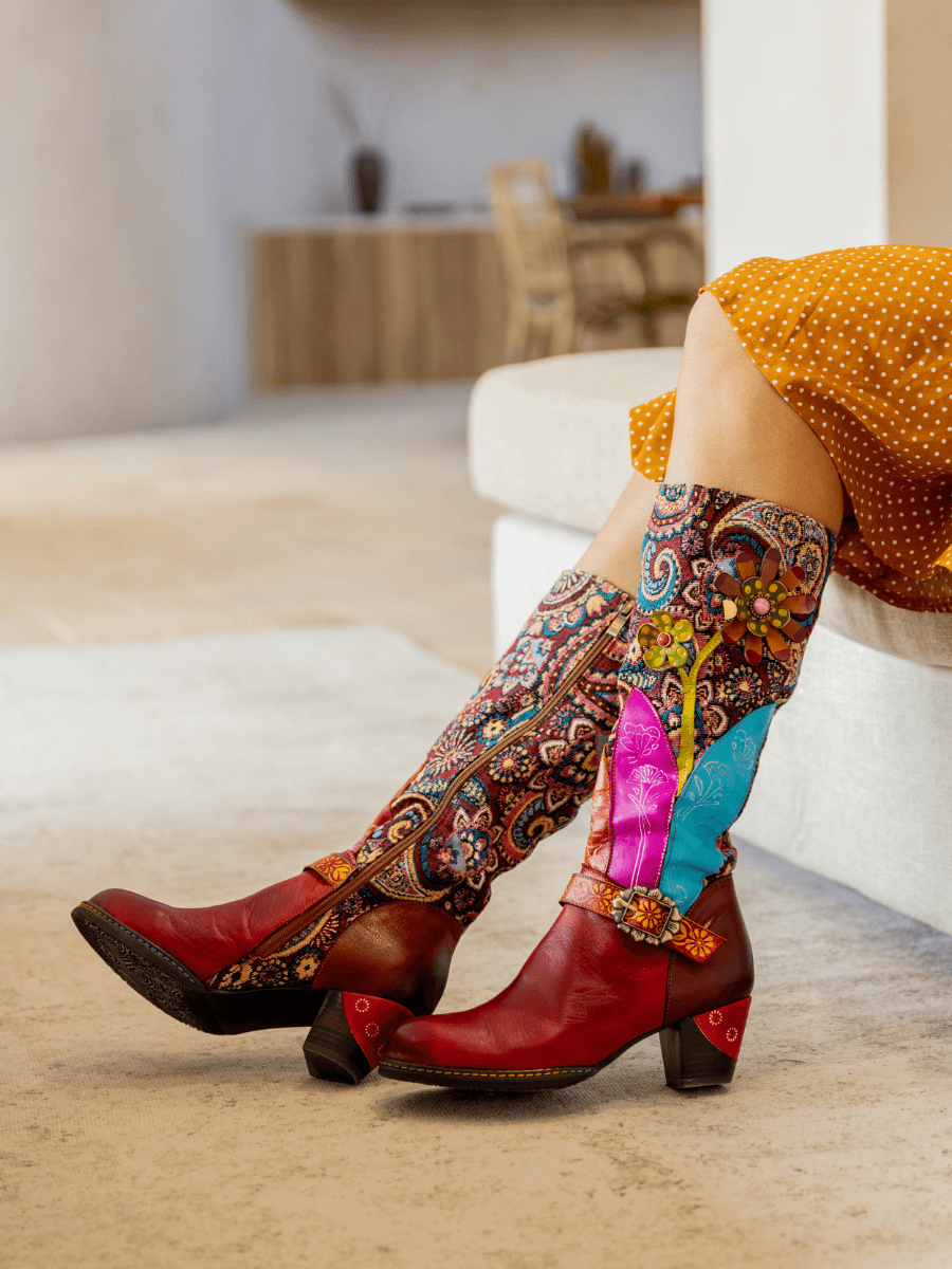 Soffia | Brycen Abstract Swirl Print Floral Applique Leather Boots