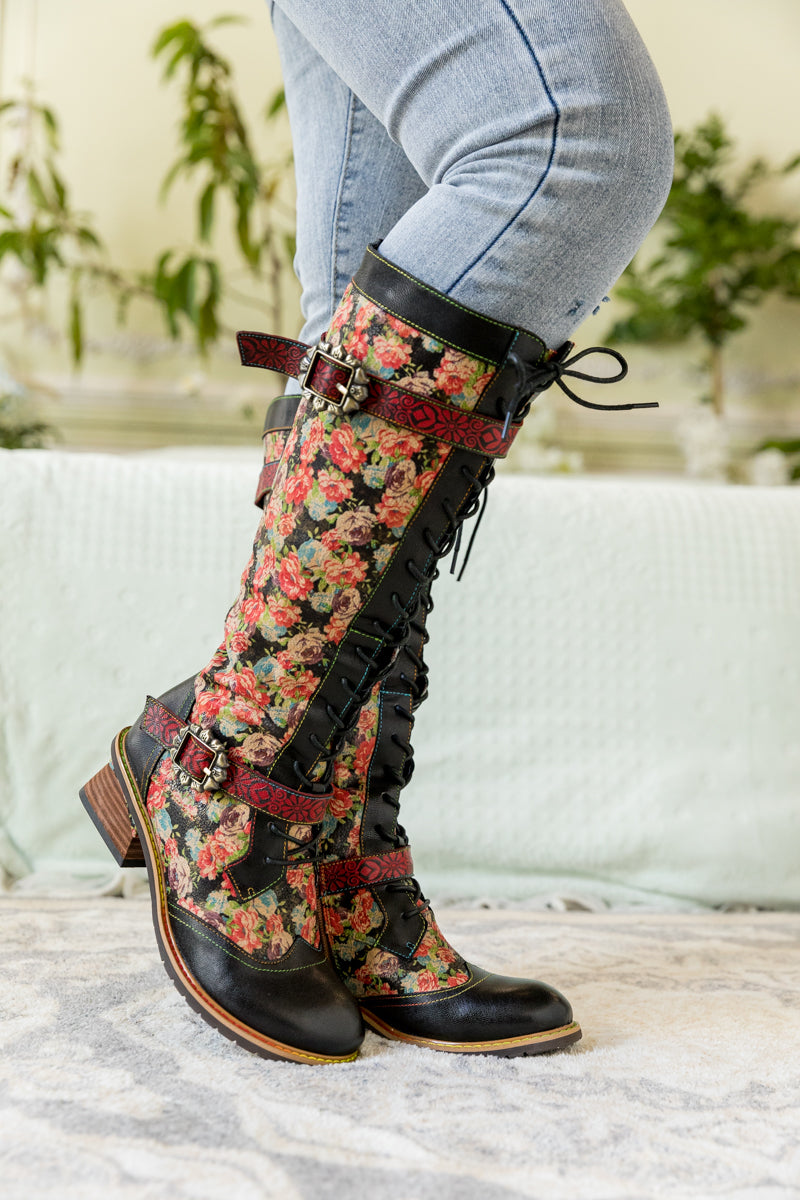 SOFFIA | BLOOMING FLORAL TIE-ACCENT LEATHER KNEE HIGH BOOT