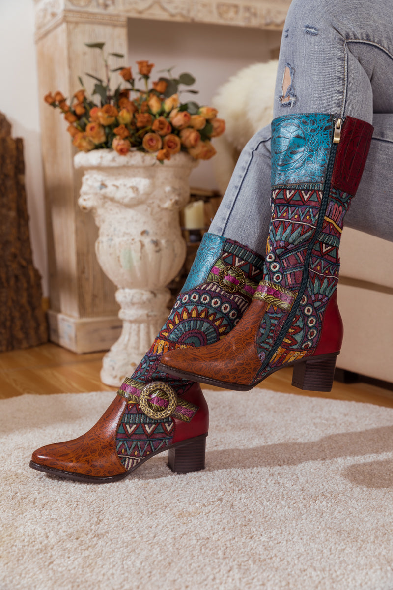 SOFFIA | BROWN PATCHWORK LEATHER KNEE BOOT