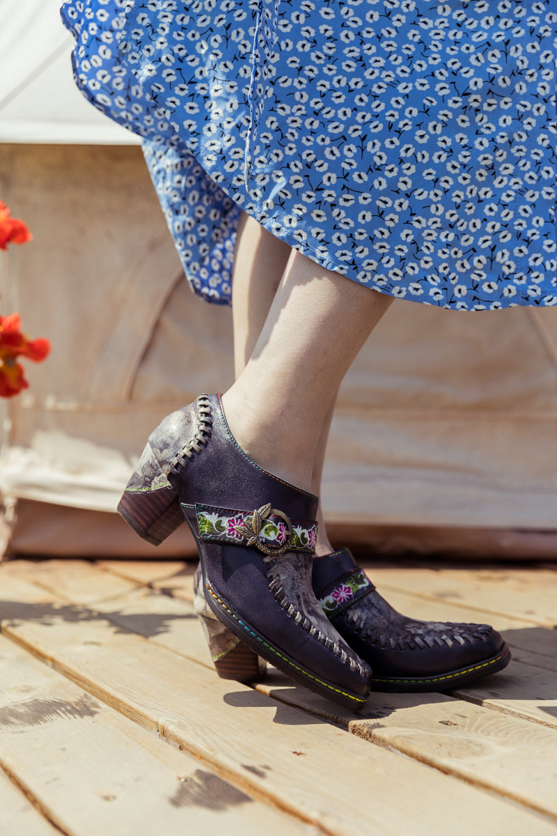 SOFFIA | Navy Leather Floral Strap-Accent Bootie