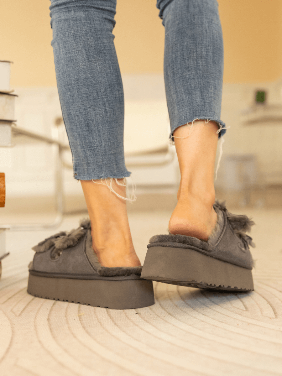 Smaibulun Ugg | Woolen Suede Double Strap Platform Sandal - Grey