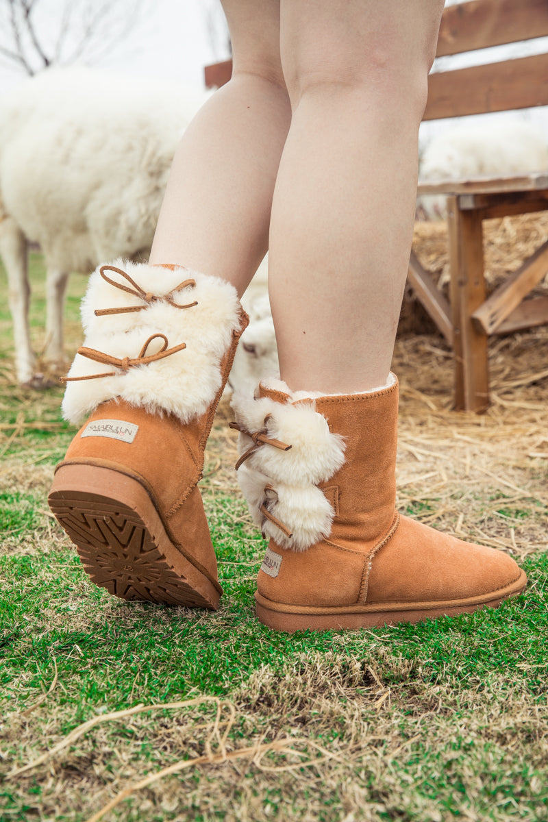 SMAIBULUN Ugg | Back Woollen Bow Suede Boots - Chestnut