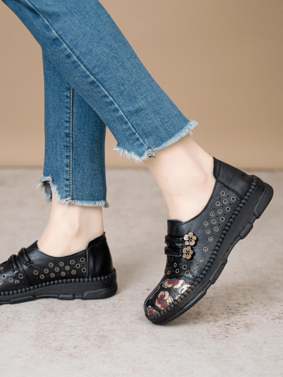 RUMOUR HAS IT | PERFORATED UPPER FLORAL EMBOSSED LEATHER LOAFER  - BLACK