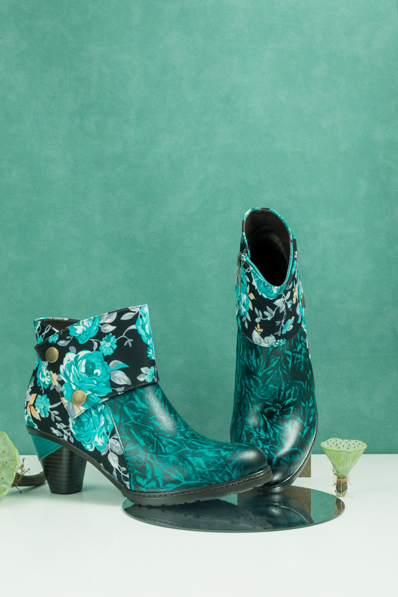 SOFFIA | TURQUOISE FLORAL ABSTRACT LEATHER BOOTIE