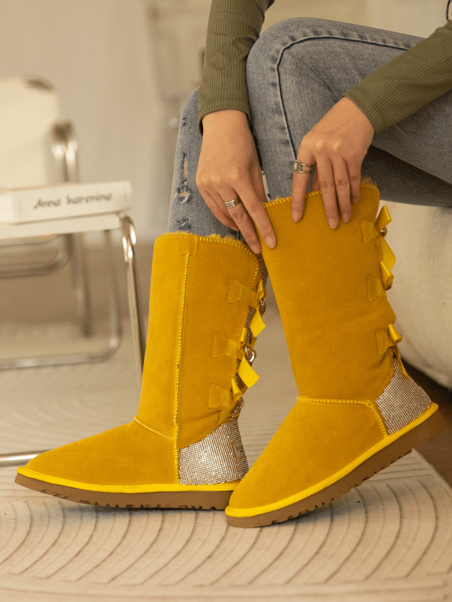 SMAIBULUN Ugg | Rhinestone Ribbon Tri-Tie Bow Suede Boots - Yellow