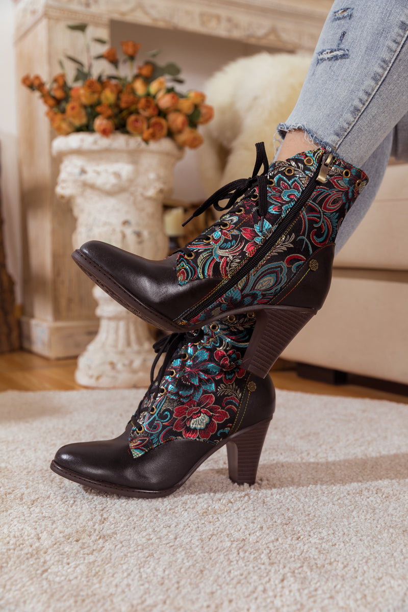 SOFFIA | BLACK FLORAL EMBROIDERED LEATHER BOOTIE