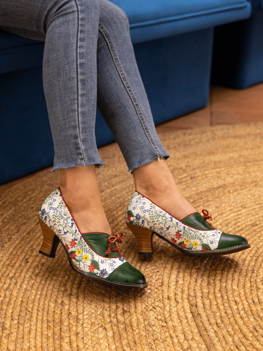 SOFFIA | LILY FLORAL KITTEN HEEL LEATHER PUMP