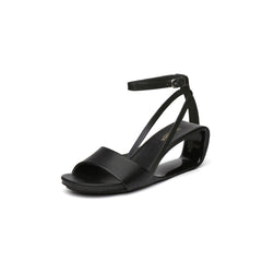 Jady Rose | Chanice Ankle Strap Leather Wedge Sandal - Black