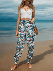 Mandy Palm Print High Rise Cargo Pants - Cream