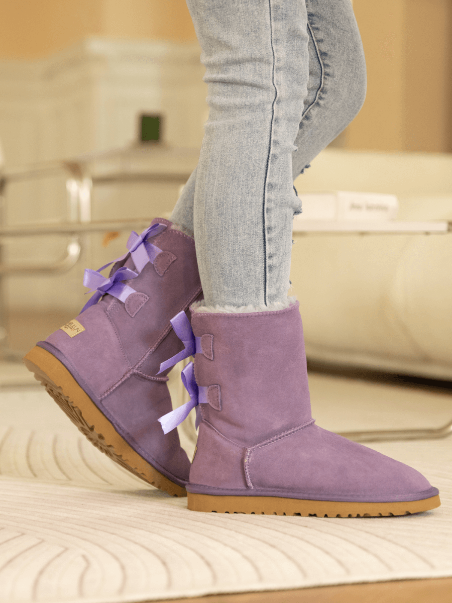 Smaibulun Ugg | Double Ballet Ribbon Bow Suede Shearling Boots - Lavender