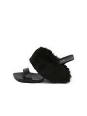 JadyRose | Faux Fur Strap Leather Wedge Sandal - Black