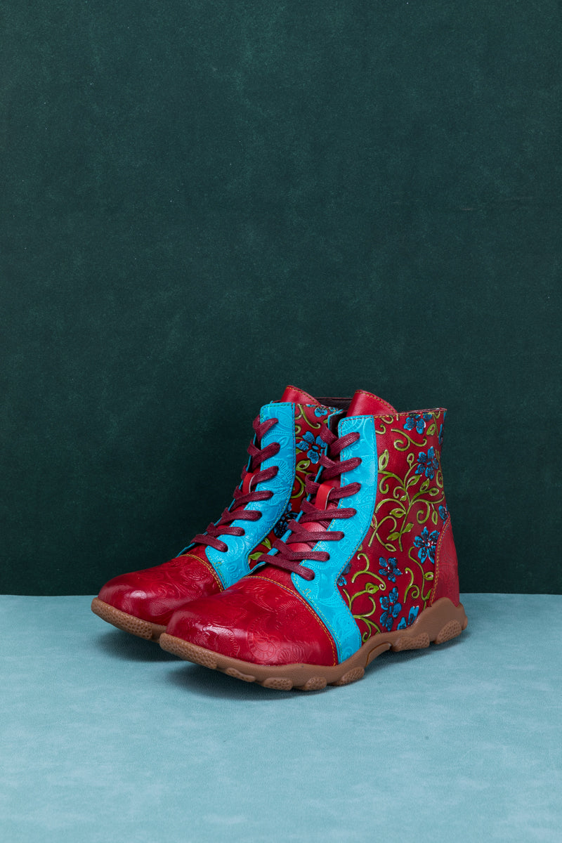 SOFFIA | SWIRL FLORAL EMBOSSED LACE UP LEATHER COMBAT BOOT