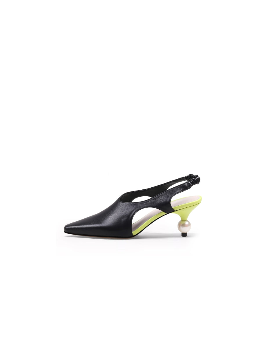 JadyRose | Pearl Heel Cut-Out Leather Black Slingback