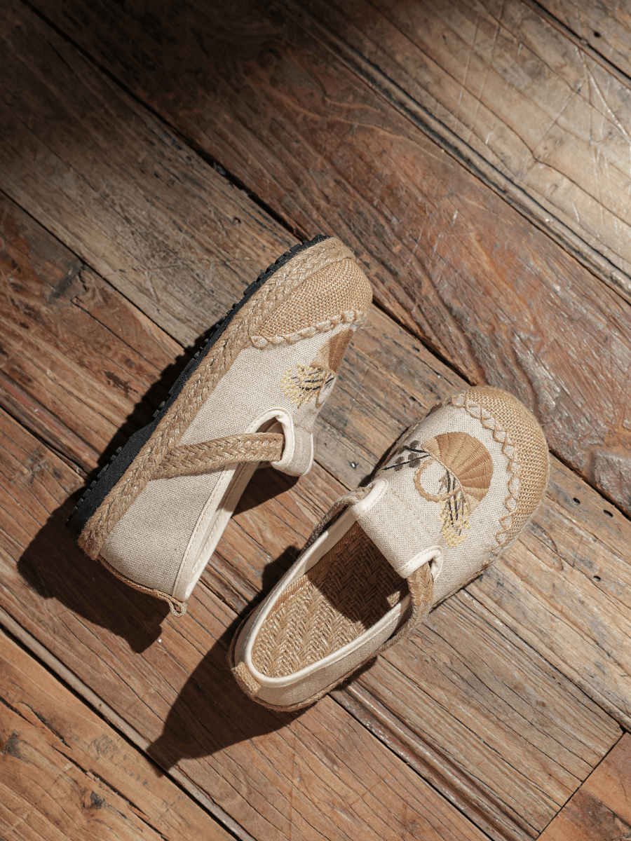 CACTUS ROSE | BASKET EMBROIDERED LINEN ESPADRILLE LOAFER - BEIGE