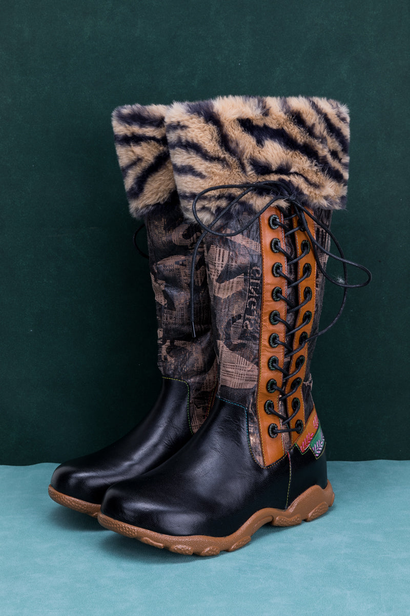 SOFFIA | TIGER PATTERN FUR CIRCUM LEATHER TIE-ACCENT BOOT