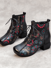 RUMOUR HAS IT | LACE-UP FLORAL EMBOSSED LEATHER BOOT - BLACK