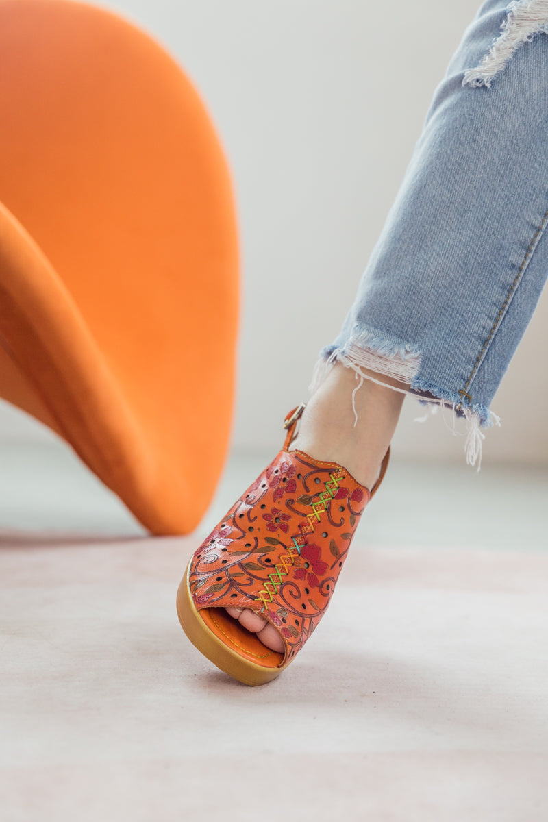 SOFFIA | ORANGE FLORAL EMBOSSED PERFORATED LEATHER SANDAL